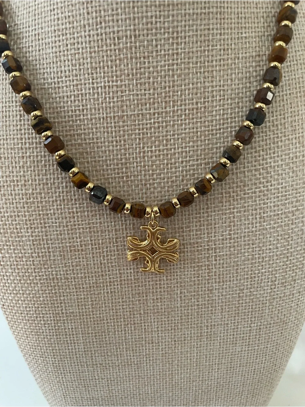 Tory Burch Brown Tiger Eye Beaded Necklace with Gold Cross Pendant